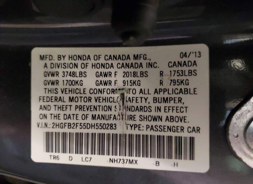 Photo 9 of 2013 Honda Civic LX (VIN 2HGFB2F55DH550283)