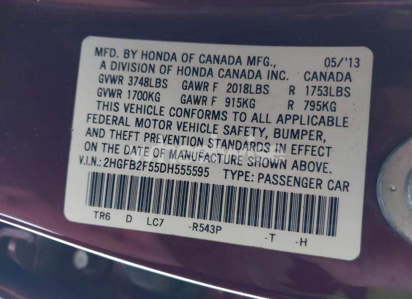 Photo 9 of 2013 Honda Civic LX (VIN 2HGFB2F55DH555595)