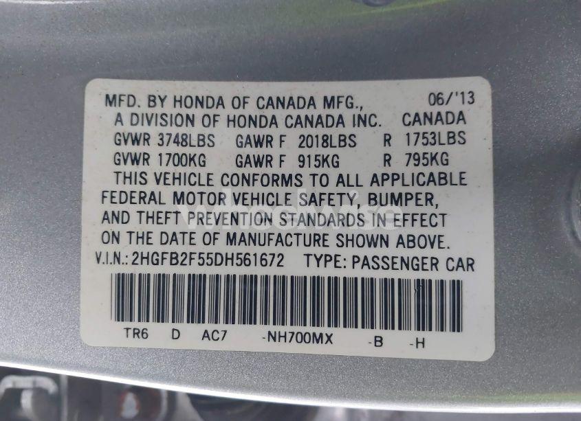 Photo 9 of 2013 Honda Civic LX (VIN 2HGFB2F55DH561672)