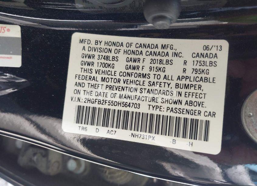 Photo 9 of 2013 Honda Civic LX (VIN 2HGFB2F55DH564703)