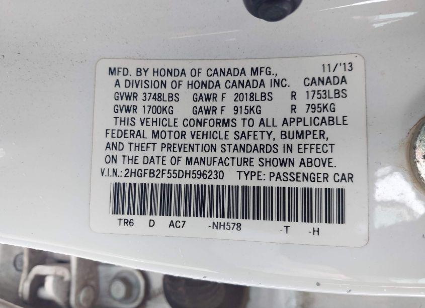 Photo 9 of 2013 Honda Civic LX (VIN 2HGFB2F55DH596230)