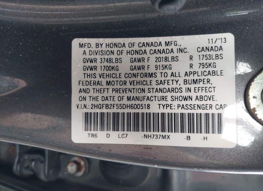 Photo 9 of 2013 Honda Civic LX (VIN 2HGFB2F55DH600518)