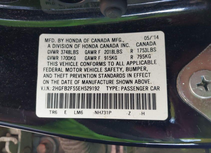 Photo 9 of 2014 Honda Civic LX (VIN 2HGFB2F55EH529192)