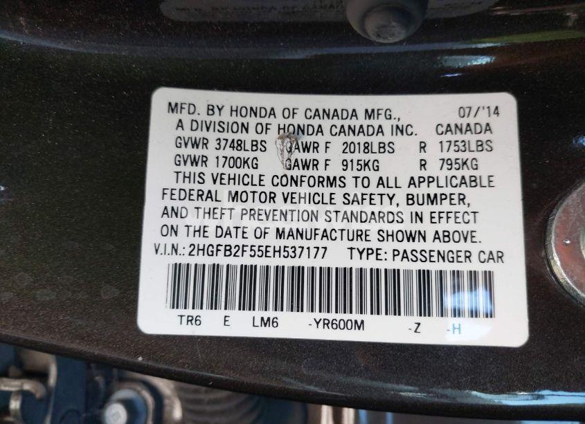 Photo 9 of 2014 Honda Civic LX (VIN 2HGFB2F55EH537177)