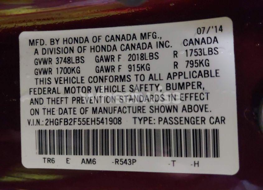 Photo 9 of 2014 Honda Civic LX (VIN 2HGFB2F55EH541908)