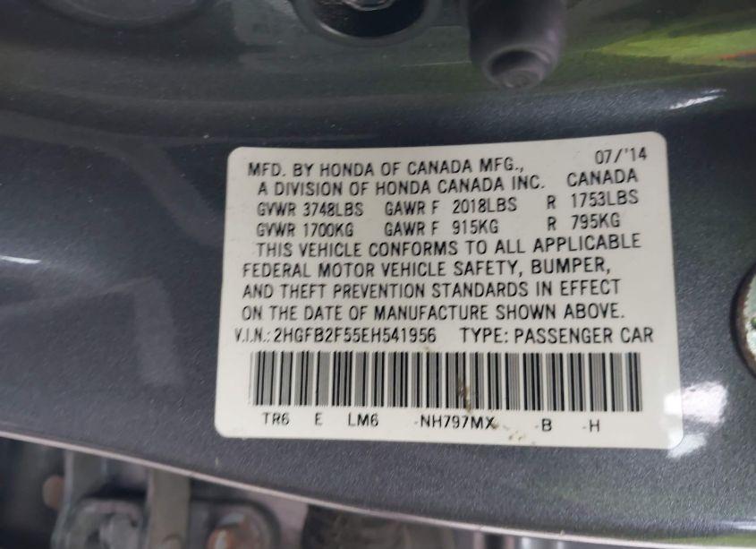 Photo 9 of 2014 Honda Civic LX (VIN 2HGFB2F55EH541956)