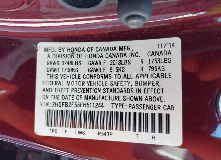 Photo 9 of 2015 Honda Civic LX (VIN 2HGFB2F55FH511244)