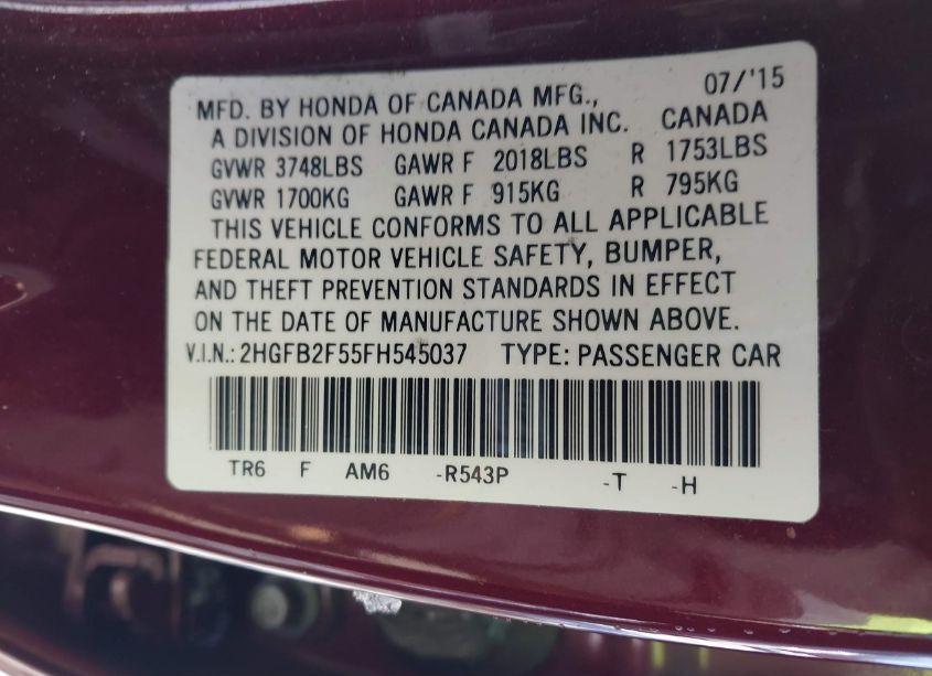 Photo 9 of 2015 Honda Civic LX (VIN 2HGFB2F55FH545037)