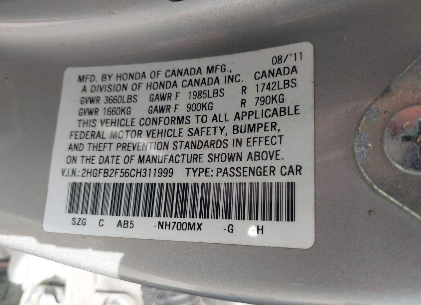 Photo 9 of 2012 Honda Civic LX (VIN 2HGFB2F56CH311999)