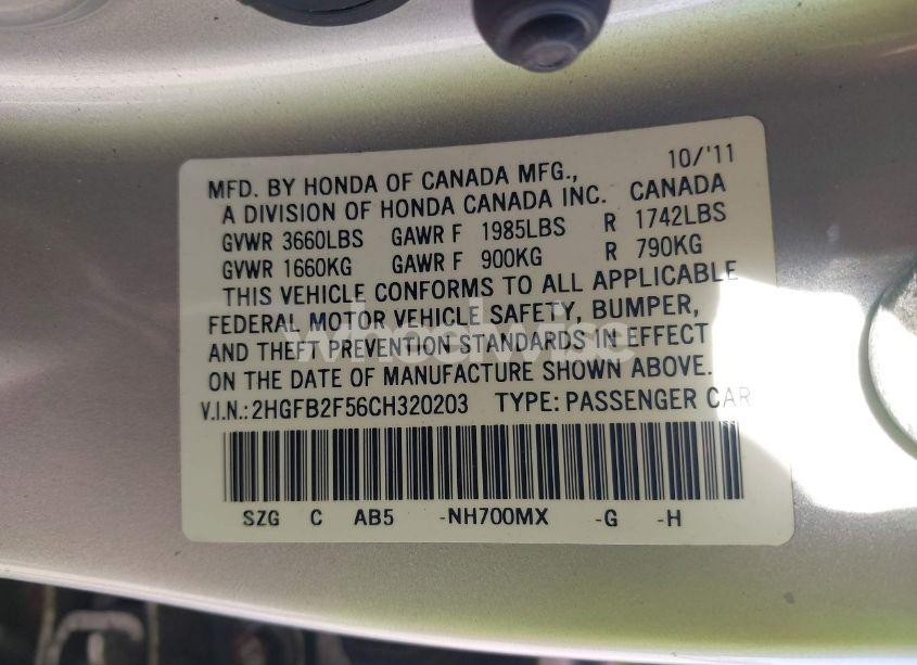 Photo 9 of 2012 Honda Civic LX (VIN 2HGFB2F56CH320203)