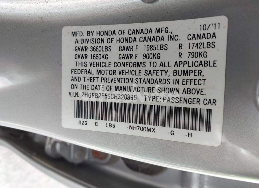 Photo 9 of 2012 Honda Civic LX (VIN 2HGFB2F56CH320895)