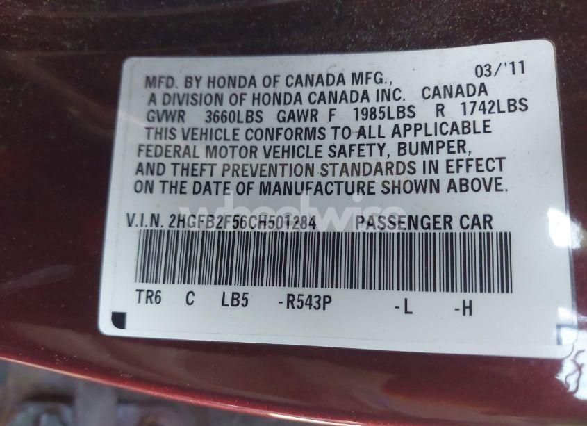 Photo 9 of 2012 Honda Civic SDN LX (VIN 2HGFB2F56CH501284)