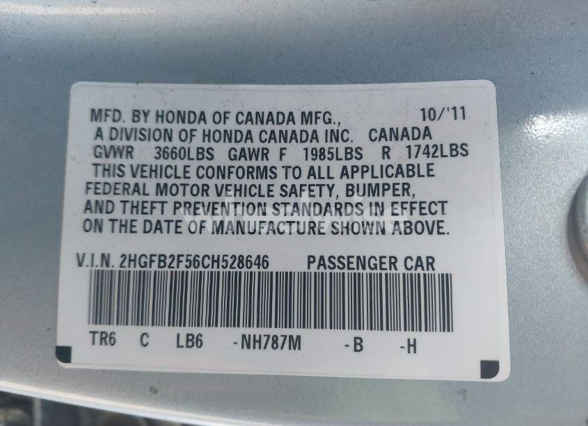Photo 9 of 2012 Honda Civic LX (VIN 2HGFB2F56CH528646)