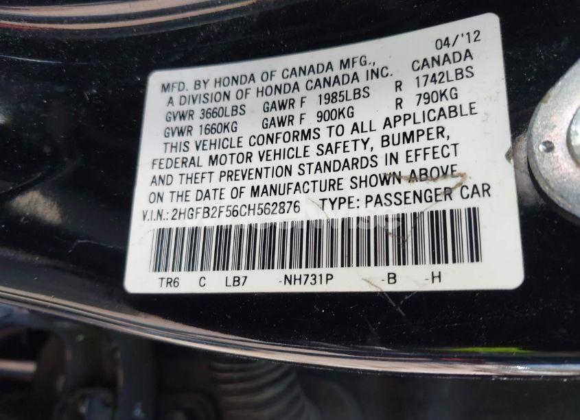 Photo 9 of 2012 Honda Civic LX (VIN 2HGFB2F56CH562876)