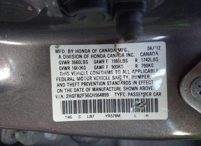 Photo 9 of 2012 Honda Civic SDN LX (VIN 2HGFB2F56CH564899)