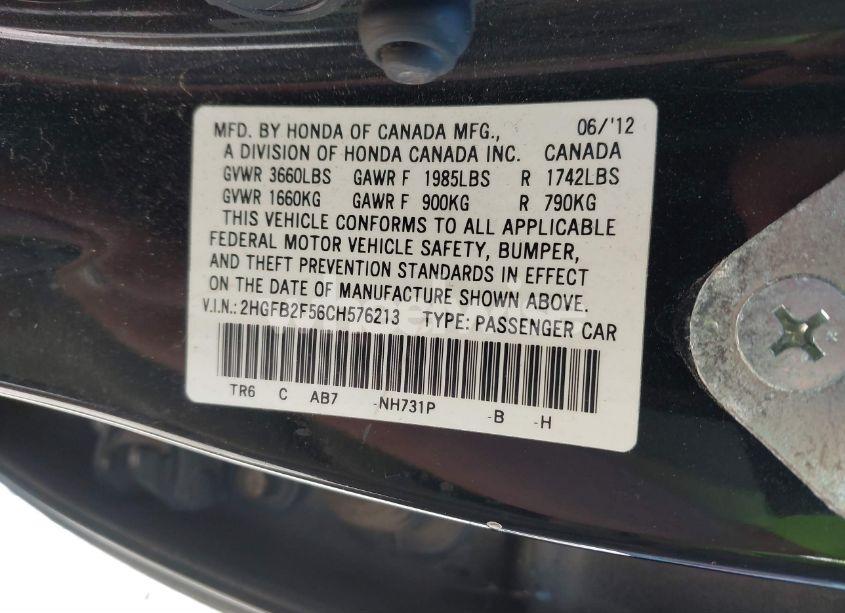 Photo 9 of 2012 Honda Civic LX (VIN 2HGFB2F56CH576213)