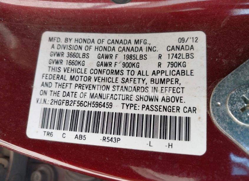 Photo 9 of 2012 Honda Civic LX (VIN 2HGFB2F56CH596459)