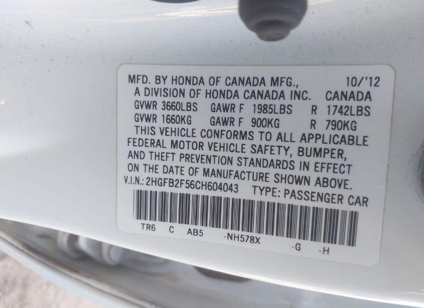 Photo 9 of 2012 Honda Civic LX (VIN 2HGFB2F56CH604043)