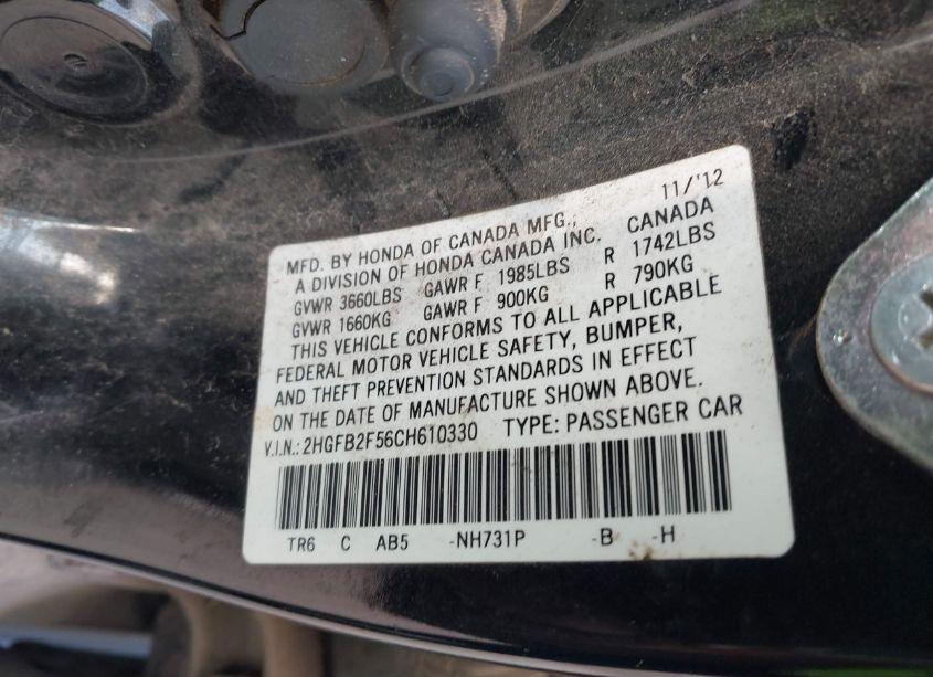 Photo 9 of 2012 Honda Civic SDN LX (VIN 2HGFB2F56CH610330)