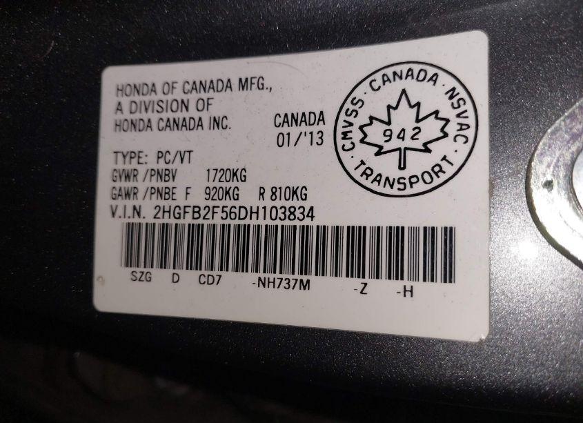 Photo 9 of 2013 Honda Civic LX (VIN 2HGFB2F56DH103834)