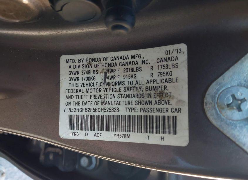 Photo 9 of 2013 Honda Civic LX (VIN 2HGFB2F56DH525828)