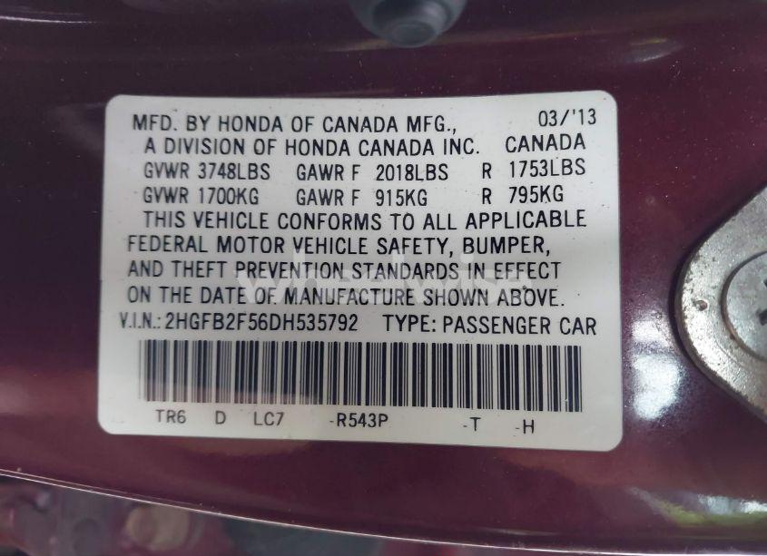 Photo 9 of 2013 Honda Civic LX (VIN 2HGFB2F56DH535792)