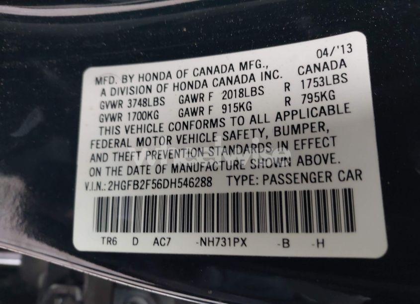 Photo 9 of 2013 Honda Civic LX (VIN 2HGFB2F56DH546288)