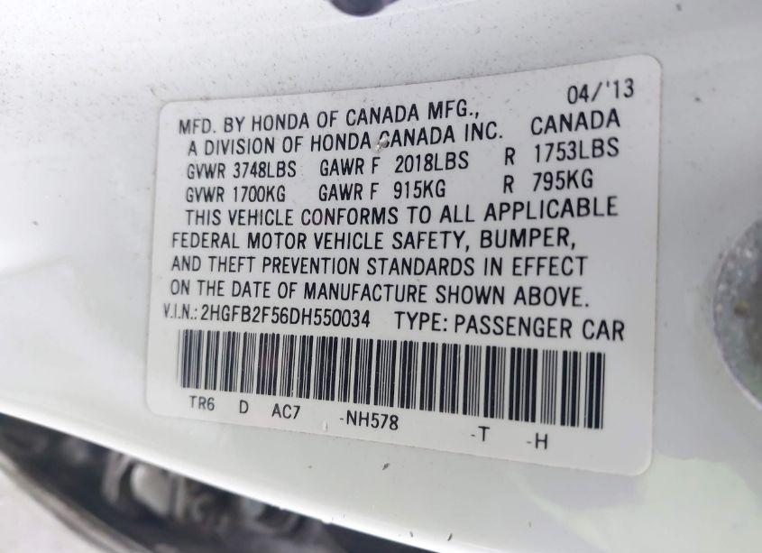 Photo 9 of 2013 Honda Civic LX (VIN 2HGFB2F56DH550034)