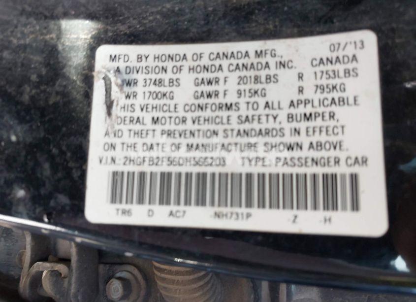 Photo 9 of 2013 Honda Civic LX (VIN 2HGFB2F56DH566203)