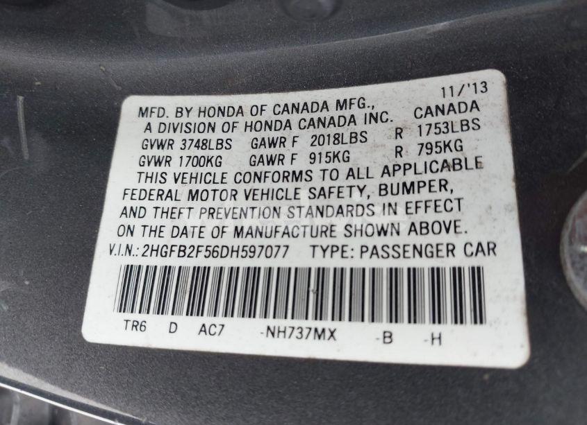 Photo 9 of 2013 Honda Civic LX (VIN 2HGFB2F56DH597077)