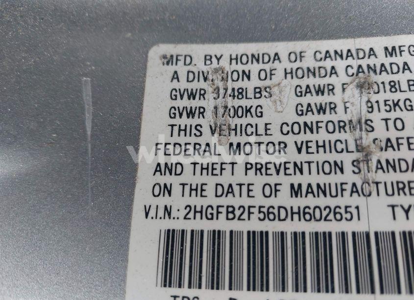 Photo 9 of 2013 Honda Civic LX (VIN 2HGFB2F56DH602651)