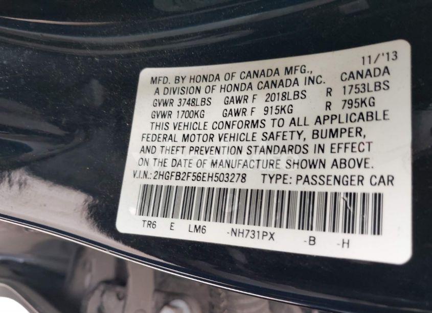 Photo 9 of 2014 Honda Civic LX (VIN 2HGFB2F56EH503278)