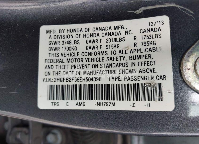 Photo 9 of 2014 Honda Civic LX (VIN 2HGFB2F56EH504396)