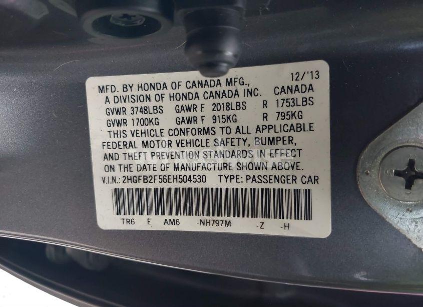 Photo 9 of 2014 Honda Civic LX (VIN 2HGFB2F56EH504530)