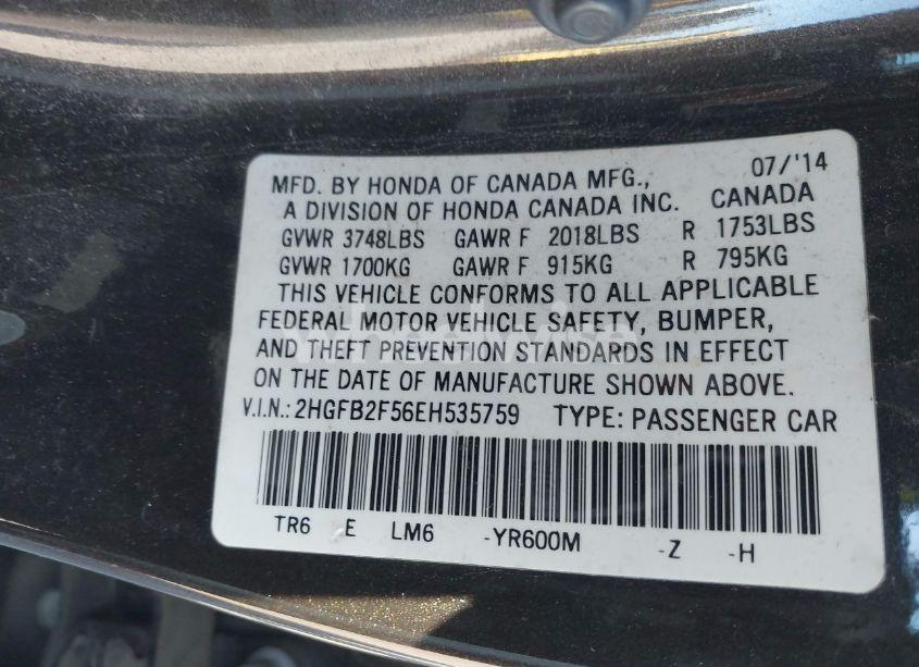 Photo 9 of 2014 Honda Civic LX (VIN 2HGFB2F56EH535759)