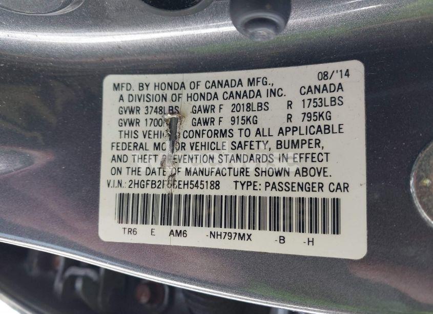 Photo 9 of 2014 Honda Civic LX (VIN 2HGFB2F56EH545188)