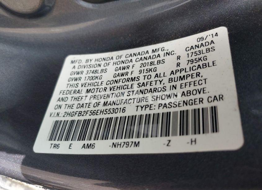 Photo 9 of 2014 Honda Civic LX (VIN 2HGFB2F56EH553016)