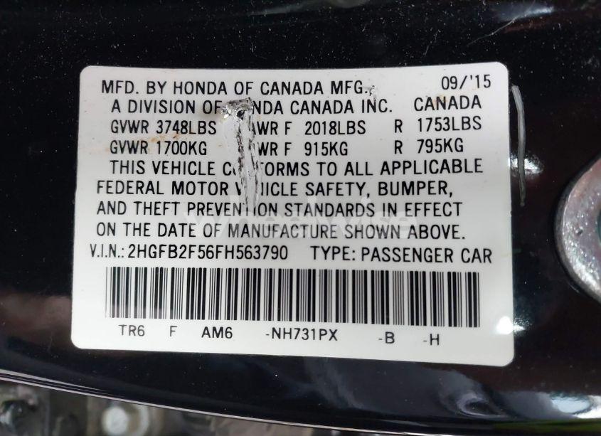 Photo 9 of 2015 Honda Civic LX (VIN 2HGFB2F56FH563790)