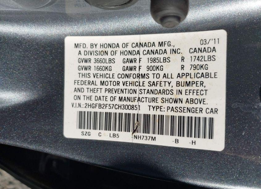 Photo 9 of 2012 Honda Civic SDN LX (VIN 2HGFB2F57CH300851)