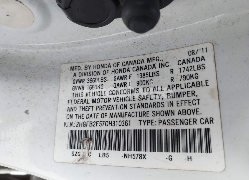 Photo 9 of 2012 Honda Civic SDN LX (VIN 2HGFB2F57CH310361)