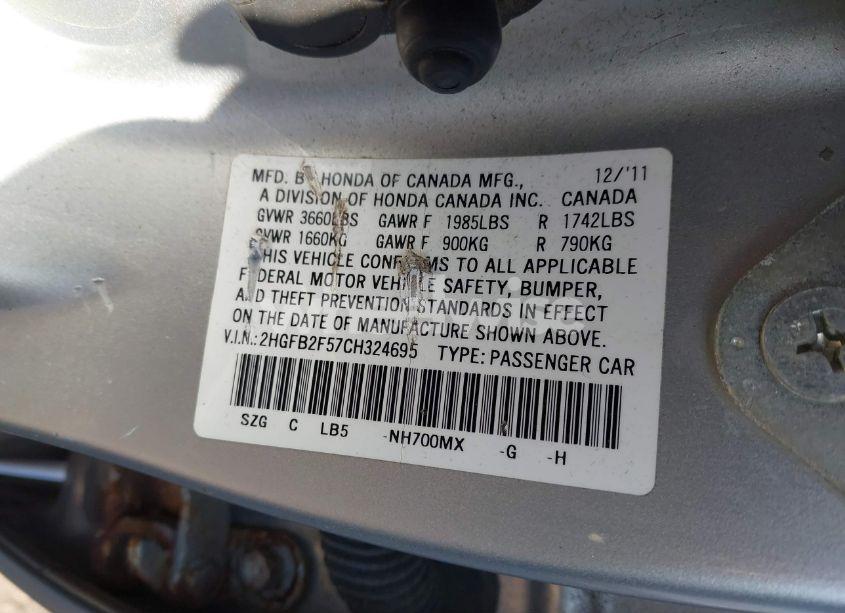 Photo 9 of 2012 Honda Civic LX (VIN 2HGFB2F57CH324695)