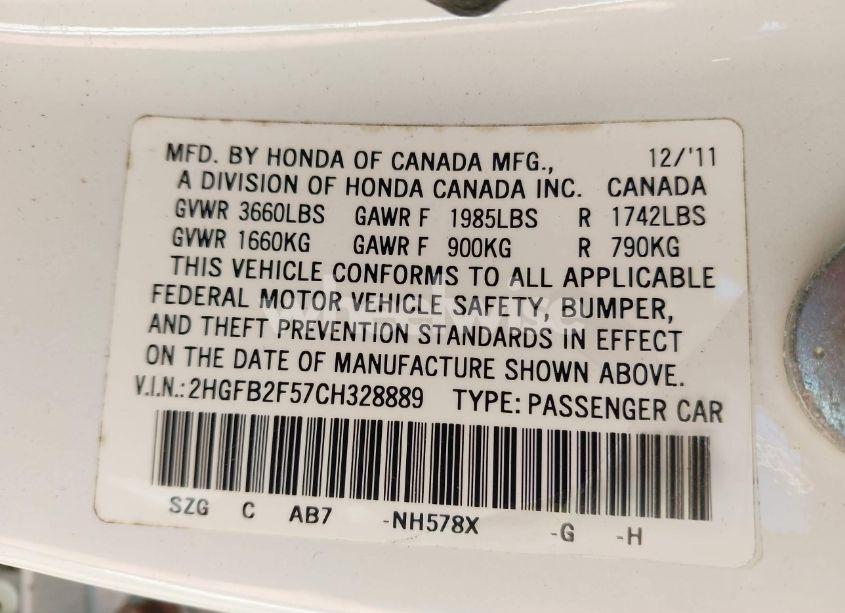 Photo 9 of 2012 Honda Civic LX (VIN 2HGFB2F57CH328889)