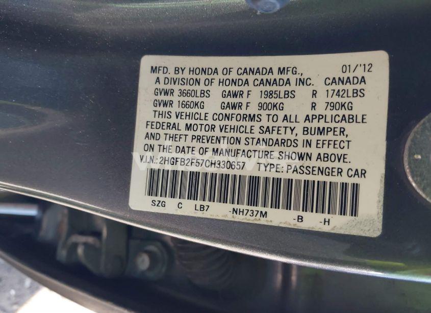 Photo 9 of 2012 Honda Civic SDN LX (VIN 2HGFB2F57CH330657)