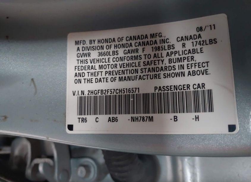 Photo 9 of 2012 Honda Civic SDN LX (VIN 2HGFB2F57CH516571)