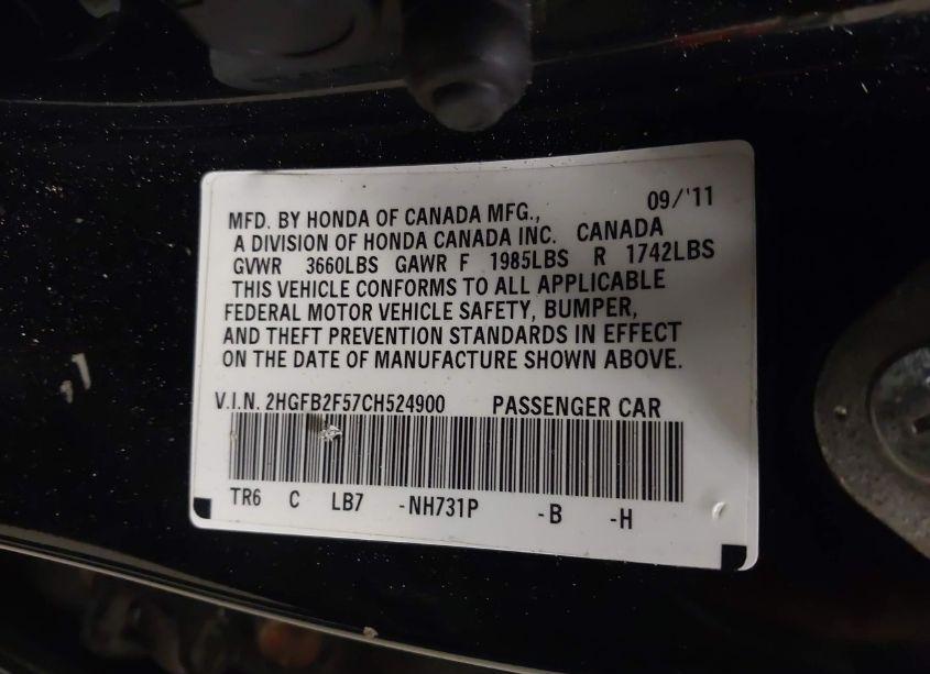 Photo 9 of 2012 Honda Civic LX (VIN 2HGFB2F57CH524900)