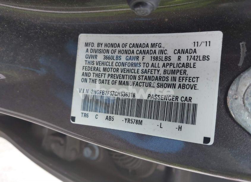 Photo 9 of 2012 Honda Civic SDN LX (VIN 2HGFB2F57CH536318)