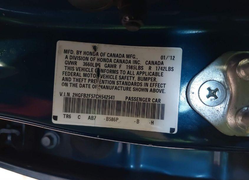 Photo 9 of 2012 Honda Civic SDN LX (VIN 2HGFB2F57CH542541)