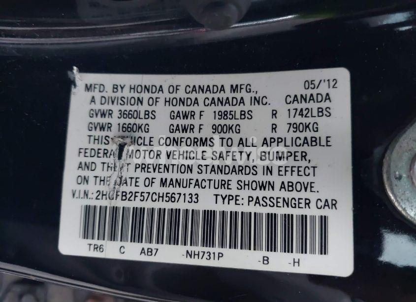 Photo 9 of 2012 Honda Civic SDN LX (VIN 2HGFB2F57CH567133)