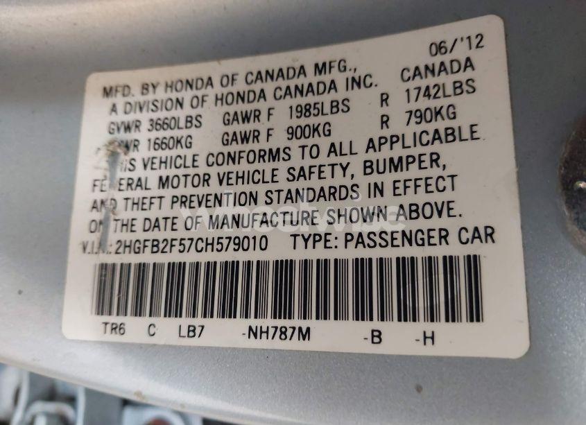 Photo 9 of 2012 Honda Civic LX (VIN 2HGFB2F57CH579010)