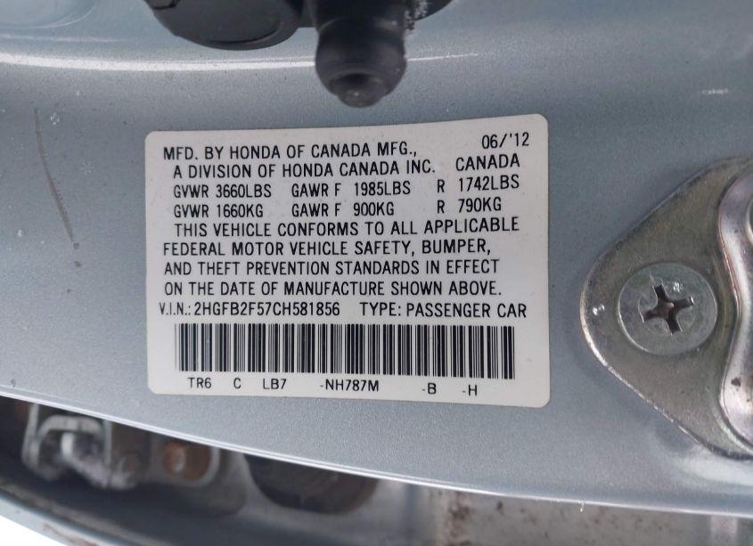 Photo 9 of 2012 Honda Civic SDN LX (VIN 2HGFB2F57CH581856)